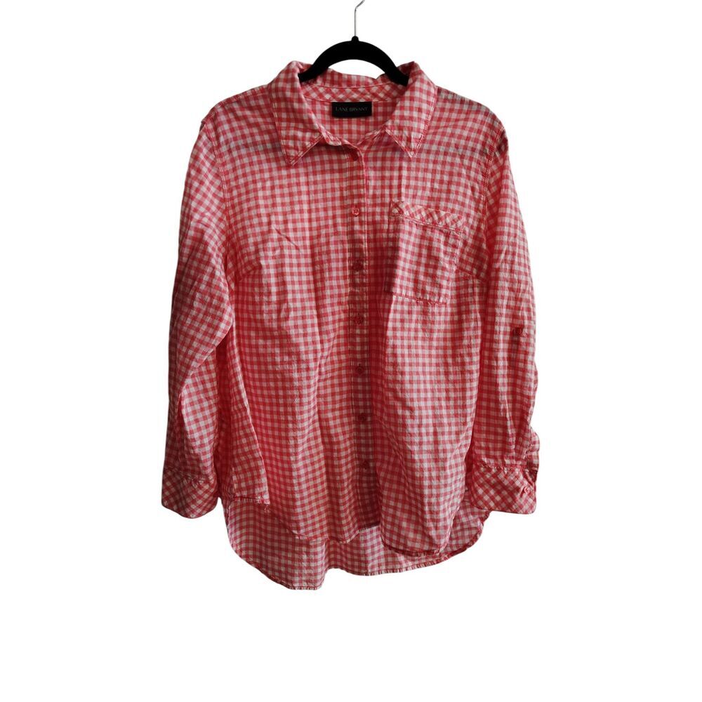 Lane‎ Bryant Gingham checkered Coral and white button down top